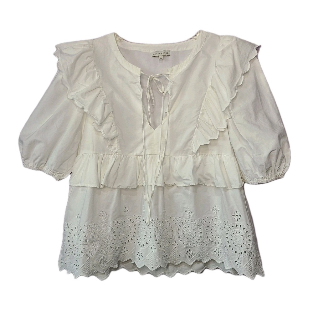 Moon‎ River White Ruffle Eyelet Tiered Bohemian Top Blouse Sz L